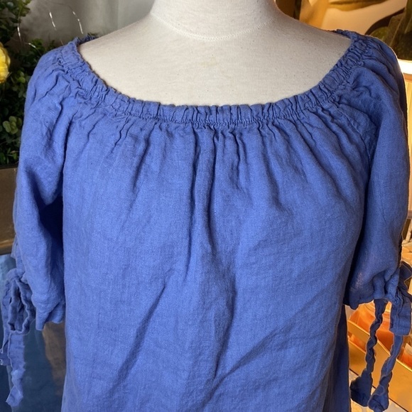 🌷 100% Linen 🌷 Blue Bow Tie Sleeve Linen Dress From Italy 🇮🇹 - Picture 12 of 15